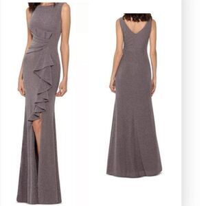 Betsy & Adam A23550 Cascade-Front Glitter Gown Sleeveless Taupe/Silver 8